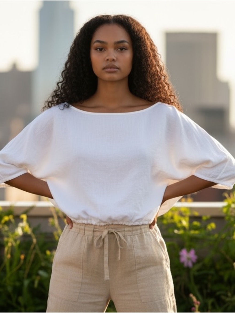 Sisley Ladies White Blouson Crop Top Dolman Sleeve Elastic Drawstring Hem Size M